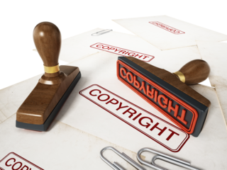 Copyright stamp standing on documents on transparent background. 3D illustration