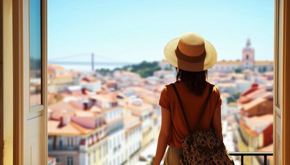 Tourist Woman On Balcony Admiring Panoramic View Of Lisbon - Exploring Tourism, Vacation, And Travel In Portugal. Enjoying The Views.