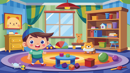 Fototapeta premium Cartoon Boy Plays in Colorful Room with Toys, Bookshelf, and Bear Portrait