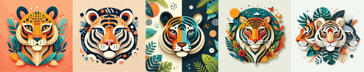 cartoon wild animal head in trendy paper cut craft graphic style. Tiger, cougar, leopard, panther. Modern design for advertising cover, poster, banner. 