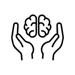 Obraz premium Hands holding a brain icon for mental health care, minimalist design, black and white on transparent background