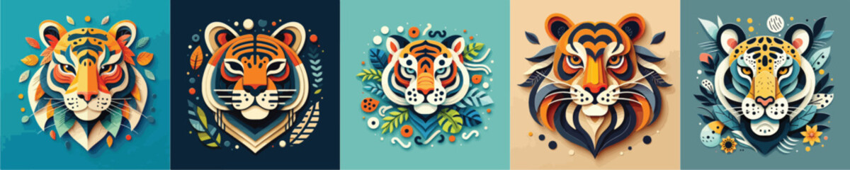 cartoon wild animal head in trendy paper cut craft graphic style. Tiger, cougar, leopard, panther. Modern design for advertising cover, poster, banner. 