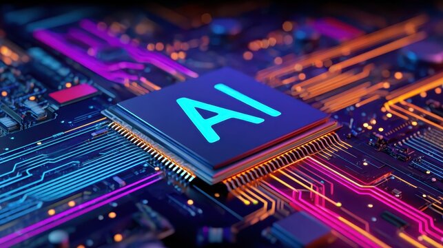 Glowing ai lettering illuminating computer microchip with vibrant circuit board, representing technological innovation and advanced digital intelligence capabilities