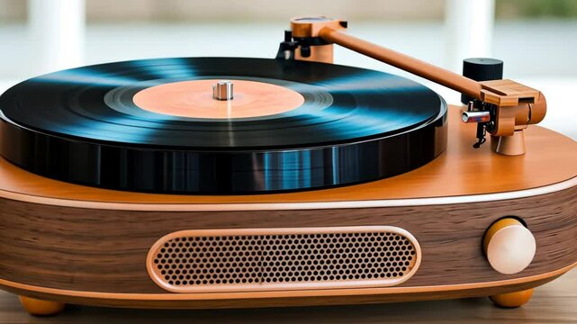 Vintage turntable playing vinyl record with smooth rotation and classic design