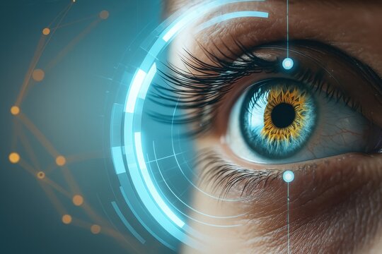 Biometric Eye Scan: Close-up of a human eye with a futuristic biometric scan overlay, symbolizing digital security and technological advancement. 
