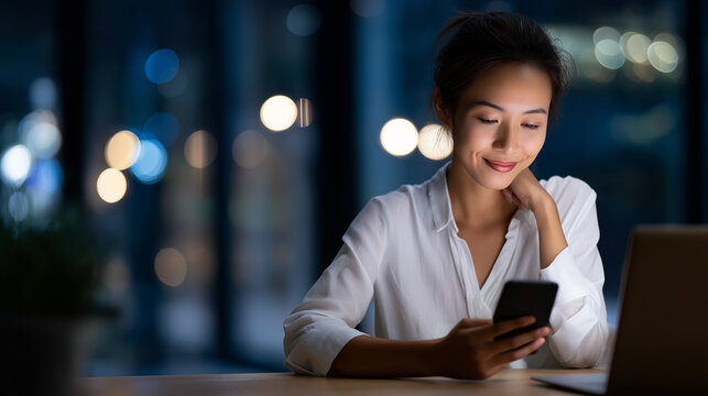 "Smiling CEO Engaged with Mobile App in Modern Office" - Powered by Adobe