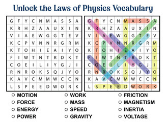 Physics vocabulary word search puzzle with colorful highlights and answer choices