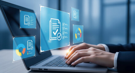 Hands typing on laptop with virtual checklists, completion charts, and document icons, representing digital workflow management, progress tracking, and online productivity tools.