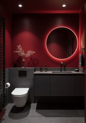 Modern Bathroom Design with Red Walls and Illuminated Mirror