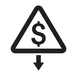 Flat black silhouette of dollar sign inside warning triangle with downward arrow, symbolizing currency crisis and economic collapse — The Fall of the US Dollar
