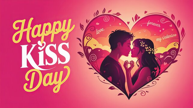 International Kissing Day, Artistic couple silhouette surrounded by hearts and love words.