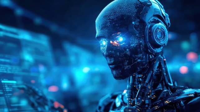 Advanced humanoid robot with glowing blue eyes processing information across multiple computer screens in a dark, high tech server room, highlighting artificial intelligence in data analysis
