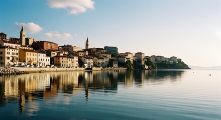 Obraz premium Coastal town with colorful buildings reflected in calm water under a clear blue sky featuring architectural details with water in the foreground creating a serene atmosphere