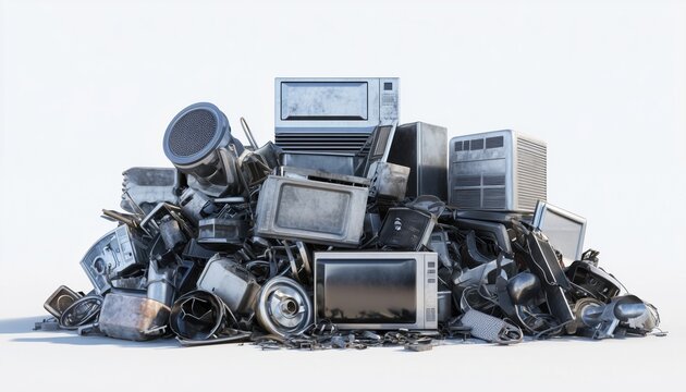 Junkyard Of Old Household Appliances And Scrap Metal: A Pile Of Discarded Items Waiting To Be Recycled Or Disposed Of.