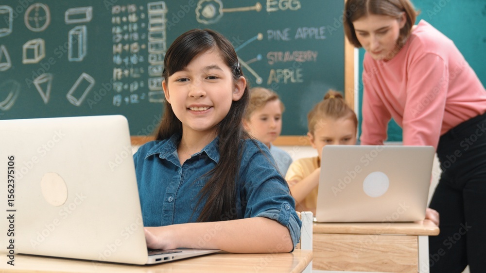 Poster smart asian girl looking at camera while coding engineering prompt. multicultural student learning a