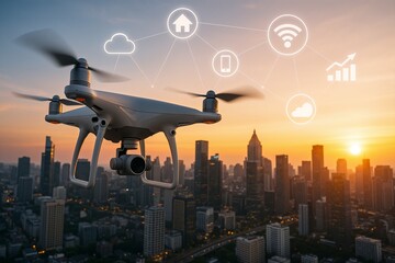 Smart Drone Flying Over City at Sunset with IoT Network Icons