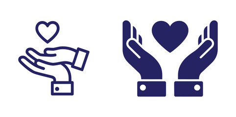 Obraz premium Heart with hand symbol set.Heart and hand icon. Care line and glyph icon. Vector illustration.Hands holding heart icon set. Healthcare,Donation and giving aid concept 