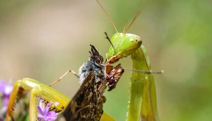 Naklejka premium Praying Mantis Devouring Butterfly