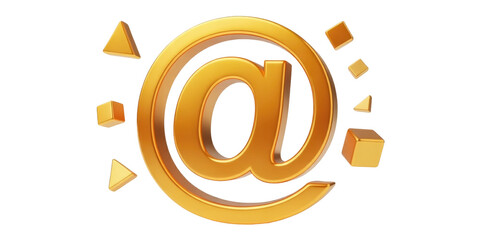 Golden at symbol surrounded by golden cubes and triangles on a black background isolated image