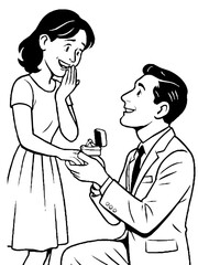 Marriage Proposal - Black and White Coloring Book Style Illustration .generative ai