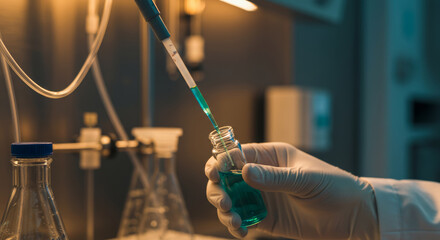 Scientist Pipetting Blue Liquid in Laboratory HD. Ideal for medical research, drug development, and scientific innovation