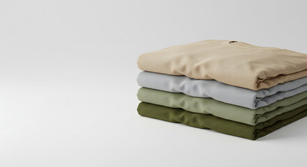 Stack of folded t-shirts in neutral tones on a clean, white surface.