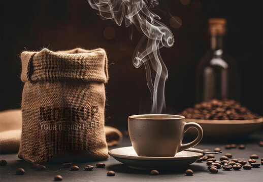 Rustic Coffee Cup Mockup with Steam and Burlap Bag on Dark Background