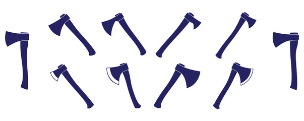 Naklejka premium Axe vector icon set on white.Set of axes icon vector illustration.Silhouette of an axe featuring a broad curved blade and long handle against a white background.
