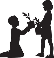 silhouette of a girl and boy with a tree