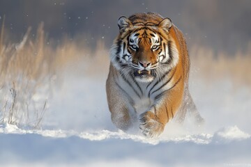 Obraz premium Siberian tiger prowls through snowy landscape exhibiting aggression and strength in winter, Siberian tiger (Panthera tigris altaica) angry aggressive behaviour