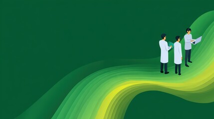 Medical Professionals in Lab Coats Collaborating on Research with a Green Abstract Background