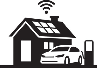 Electric Car Charging at Modern Smart Home with Solar Panels