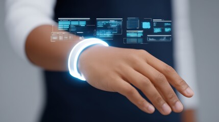 Futuristic Smart Bracelet Displaying Digital Interface with Hand Interaction Technology Concept