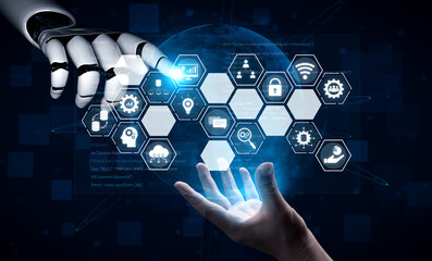 AI managing integrated business system, analyzing data, securing digital infrastructure, connecting...