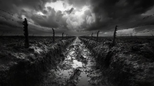 Muddy trench path flanked by barbed wire fences, dramatic black and white style, cloudy sky background, concept of war and desolation