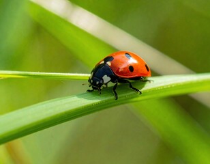 Fototapeta premium Ladybug on Green Grass: A Macro Shot of Nature's Beauty