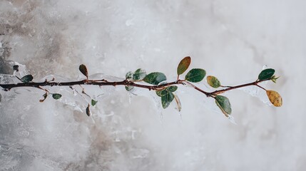 A delicate branch with green and yellow leaves covered in ice against a blurred wintery background.