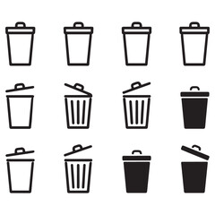 Minimalist set of trash bin icons against white background, representing waste management and environmental awareness