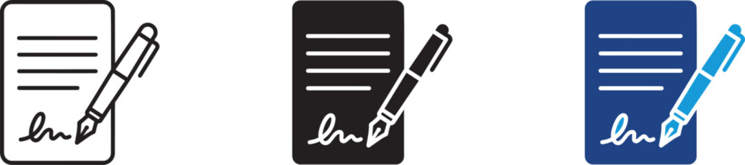  Signed contract icon set , Agreement icon , Pen signing a contract with signature icon , vector illustration . 
