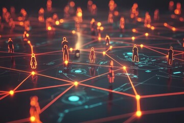Network of connections illustrated with people icons and data points in a digital landscape, netwrok of connections with people icons and data processing over computer servers