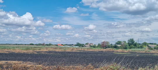 Burnt agricultural field with dry grass in rural area and small village houses in background under...
