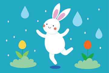 design a bunny dancing under a floral rain shower Easter poster