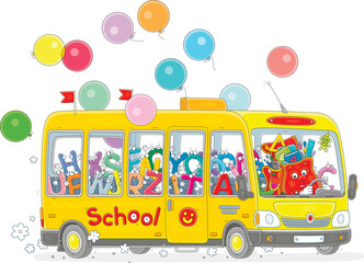 Cartoony schoolbag driving a yellow school bus full of noisy company of funny letters, vector cartoon illustration isolated on a white background