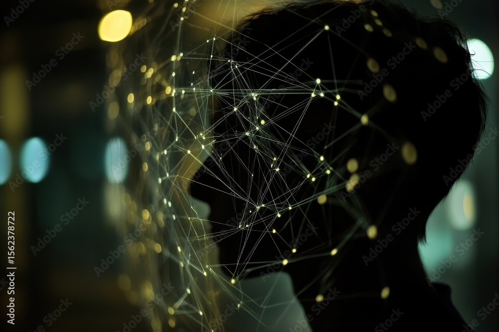 Poster Exploring network connections through a digital silhouette with glowing nodes and scanning visuals, scope scanning over network of connections
