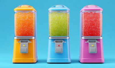 summer cool slush or smoothie iced fruit juice dispenser machine for refreshing chilled drinks in multi colored containers - Generative AI. High quality