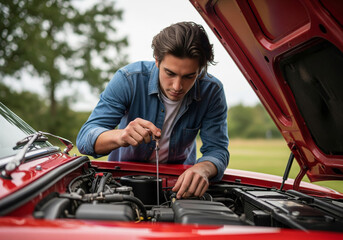 A young man performs routine maintenance on his classic red car, checking the oil level with a dipstick.