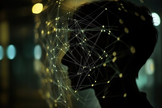 Exploring network connections through a digital silhouette with glowing nodes and scanning visuals, scope scanning over network of connections