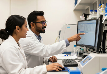 A male scientist points at a computer screen to explain data to a female colleague as they work together as a team in a modern research laboratory.