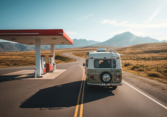 A vintage camper van is parked for fuel at a remote gas station on a winding desert highway, with arid mountains in the background, evoking a sense of adventure and road trip freedom.