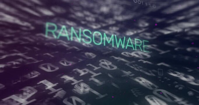 Beginning with RAA letters transforming into RANSOMWARE while code scrolling visualizing ransomware